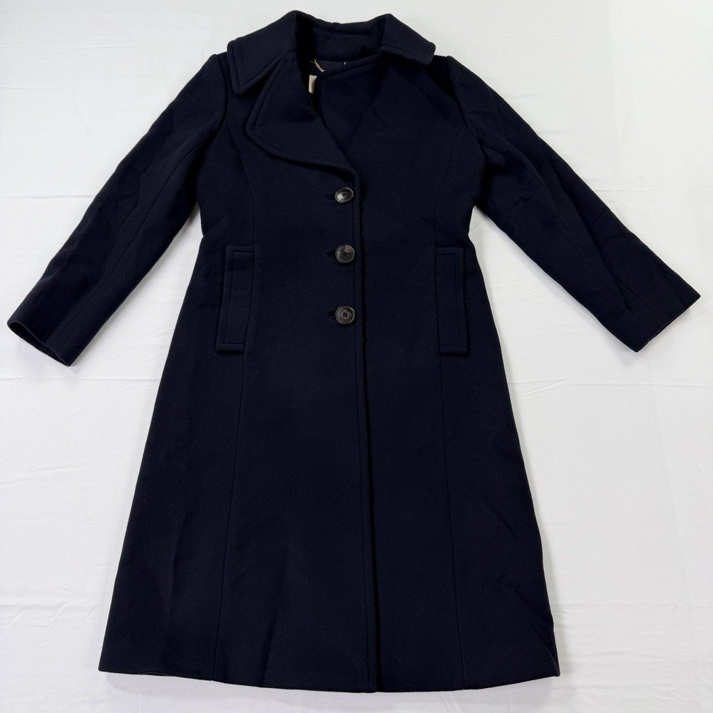 Tory Burch Navy Wool Cashmere Long Coat Women's Size 6 Asymmetrical Collar